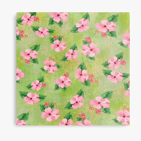 Hibiscus Print with Lime Green Batik Metal Print