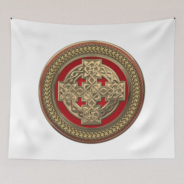 Item preview, Golden Celtic Knot Cross over Red with Gold Medallion over White Leather designed and sold by Serge Averbukh Art Studio.