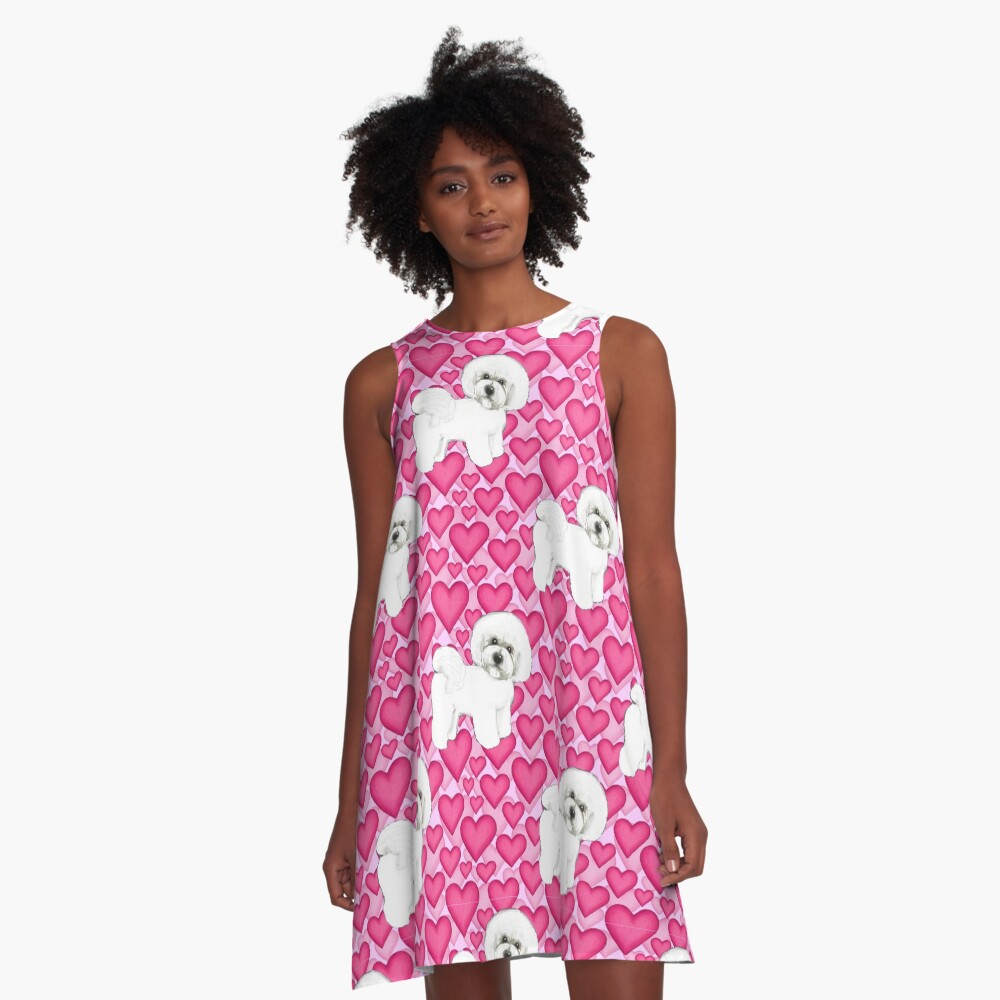 Bichon Frise Valentines Day Love hearts in pink A-Line Dress