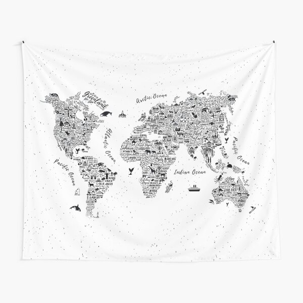 World Map - Globe Global Maps Wanderlust Adventure Typography Tapestry