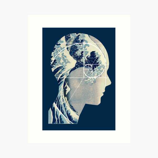Vista previa del artículo con la obra «Gran ola, Hokusai se encuentra con Fibonacci en mi cabeza, vertical», diseñado y vendido por SymbolGrafix.