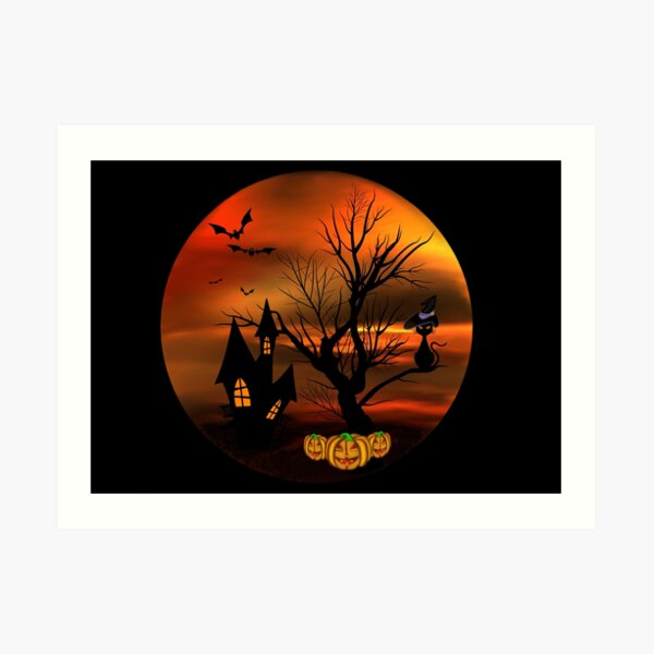 Halloween Katze mit Zauberhut in einem blattlosen Baum, leuchtende Kürbisse, Fledermäuse und eine alte Villa Kunstdruck