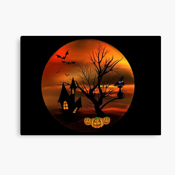 Halloween Katze mit Zauberhut in einem blattlosen Baum, leuchtende Kürbisse, Fledermäuse und eine alte Villa Leinwanddruck