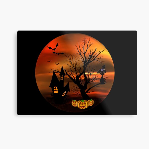 Halloween Katze mit Zauberhut in einem blattlosen Baum, leuchtende Kürbisse, Fledermäuse und eine alte Villa Metallbild