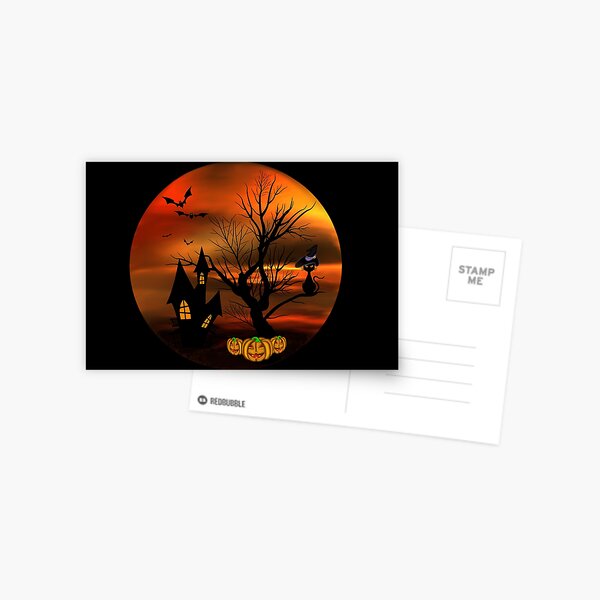Halloween Katze mit Zauberhut in einem blattlosen Baum, leuchtende Kürbisse, Fledermäuse und eine alte Villa Postkarte