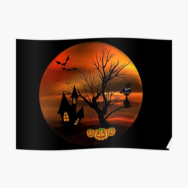 Halloween Katze mit Zauberhut in einem blattlosen Baum, leuchtende Kürbisse, Fledermäuse und eine alte Villa Poster