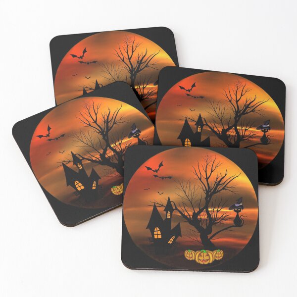 Halloween Katze mit Zauberhut in einem blattlosen Baum, leuchtende Kürbisse, Fledermäuse und eine alte Villa Untersetzer (4er Set)