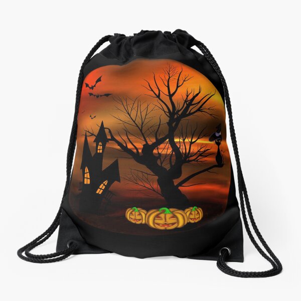 Halloween Katze mit Zauberhut in einem blattlosen Baum, leuchtende Kürbisse, Fledermäuse und eine alte Villa Turnbeutel