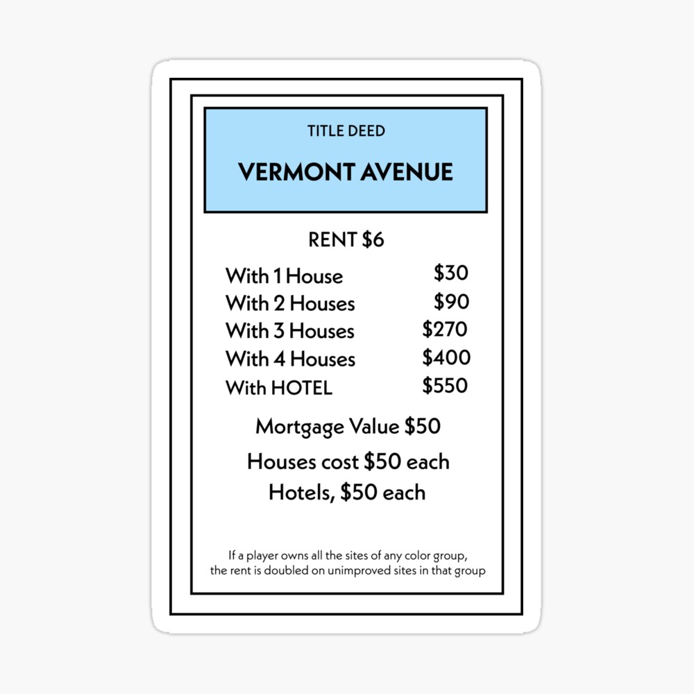 Monopoly Vermont Avenue Card - Printable Cards