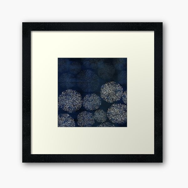 Shibori sea urchin burst dark denim print Framed Art Print
