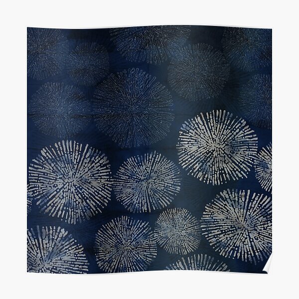 Shibori sea urchin burst dark denim print Poster
