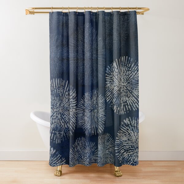 Shibori sea urchin burst dark denim print Shower Curtain