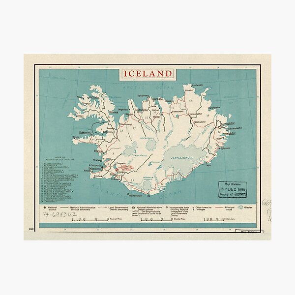Map of Iceland (circa 1958) Photographic Print