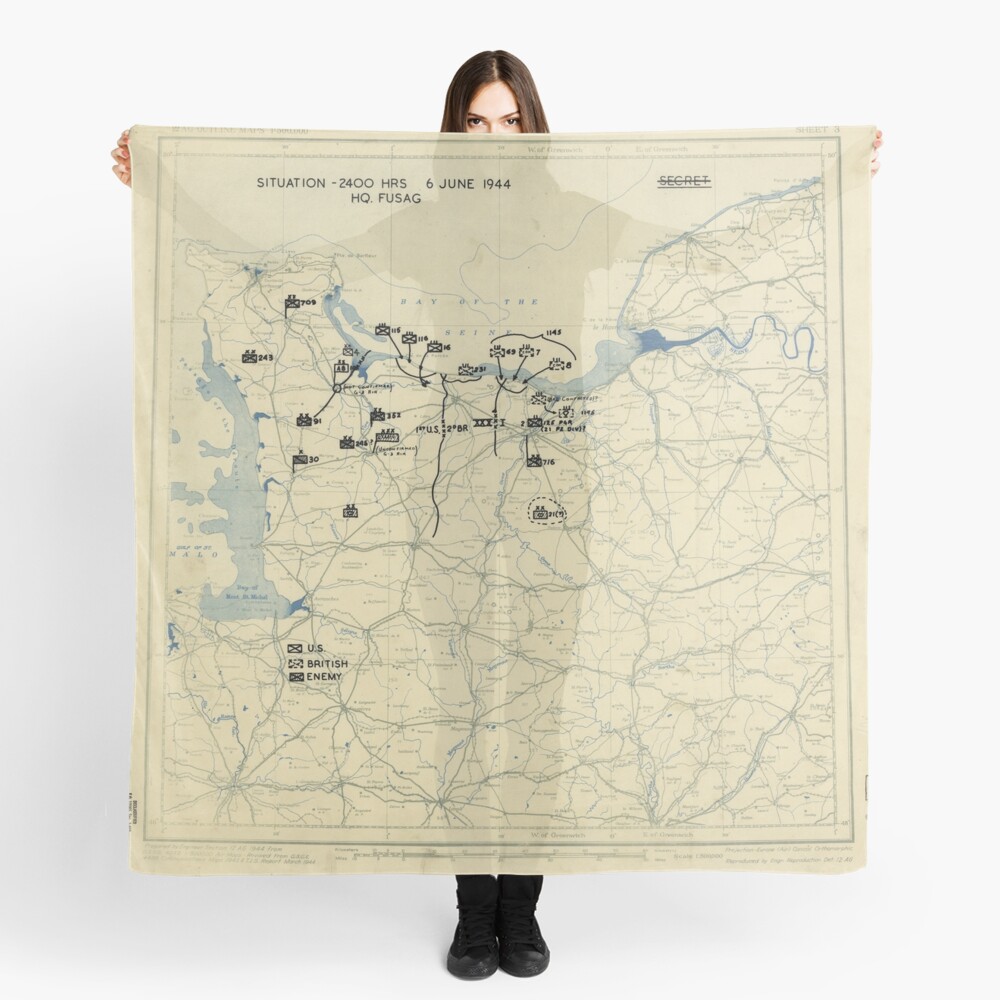 June 6 1944 D-Day World War II Twelfth Army Group Situation Map Scarf