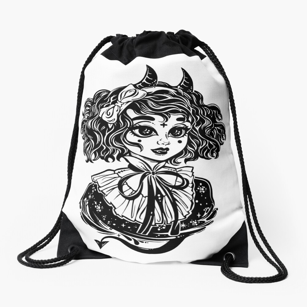 "Gothic Victorian demonic girl head portrait with imp horns and curly