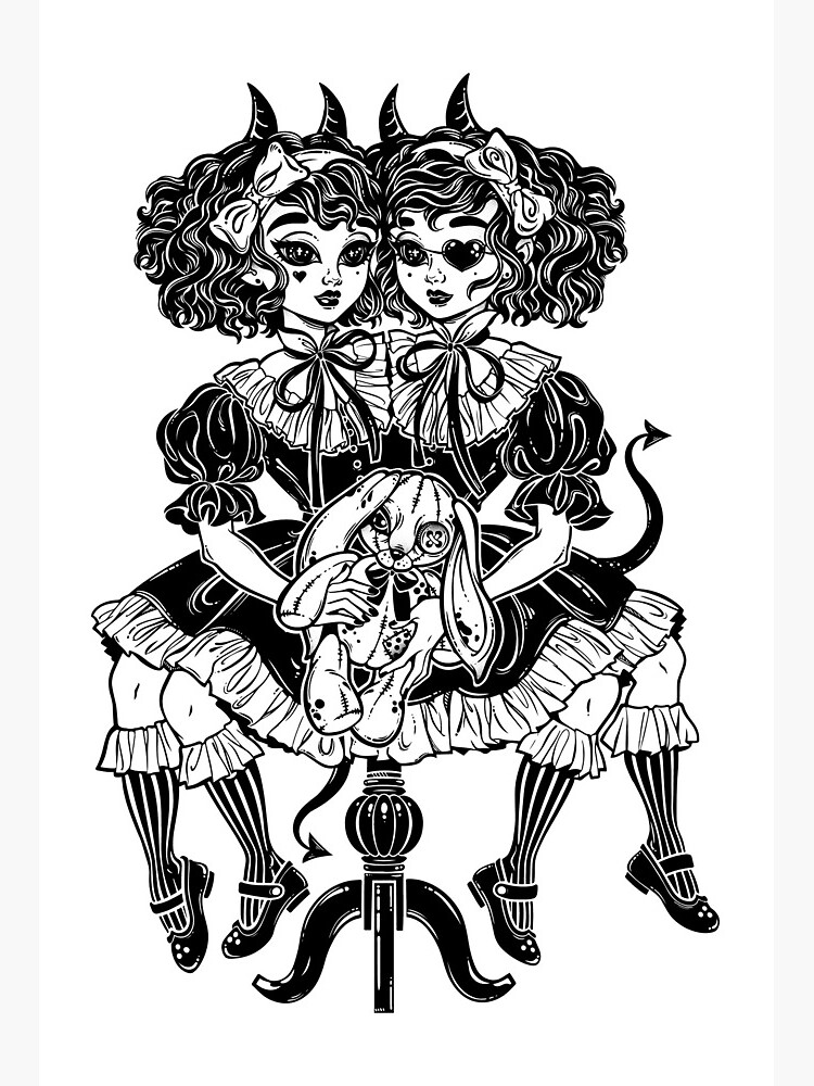 Download Gothic Victorian Twin Siamese Demonic Girls With Voodoo Stuffed Toy And Imp Horns Art Board Print By Katjagerasimova Redbubble