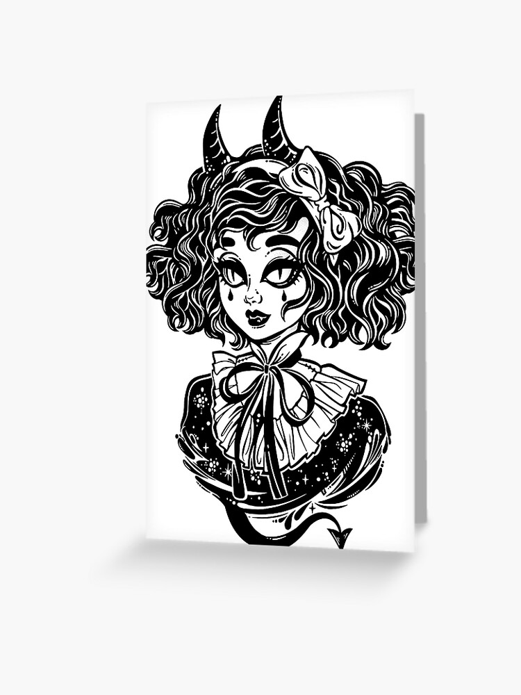 Gothic Victorian demonic girl head portrait with imp horns and curly hair  and strange eyes.  Greeting Card for Sale by KatjaGerasimova
