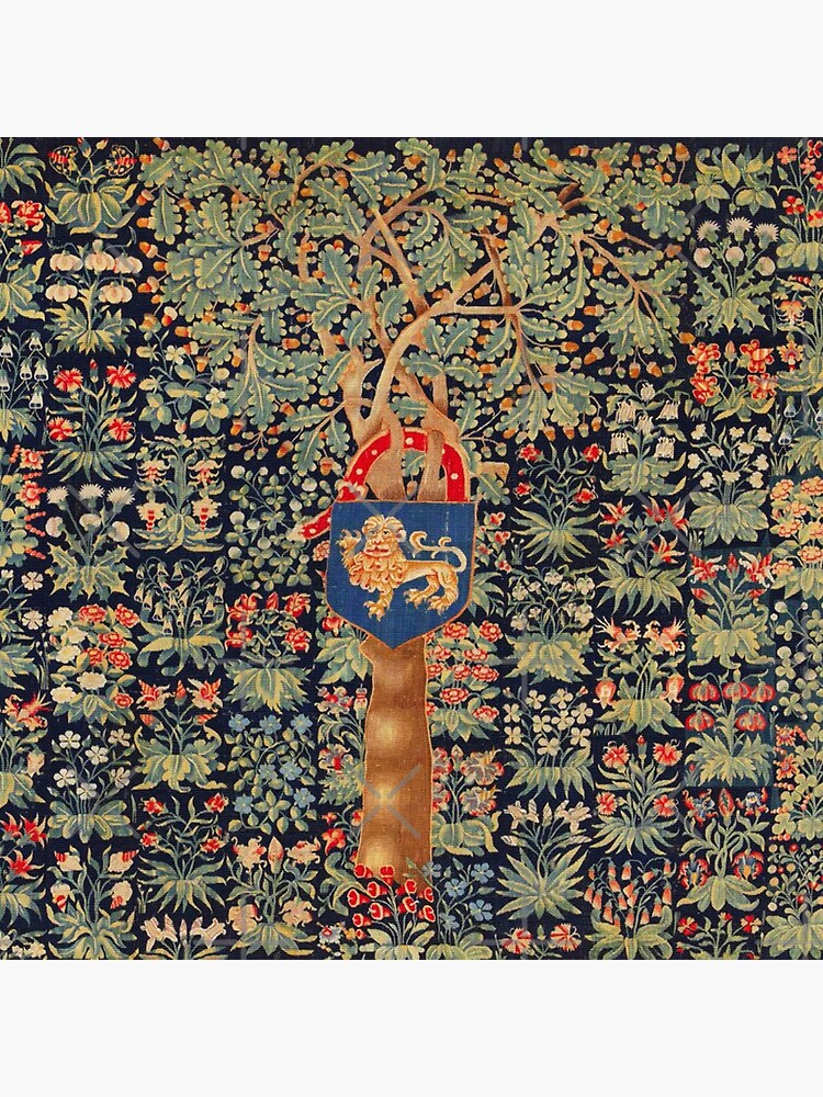 ANTIQUE MILLEFLEURS TAPESTRY,OAK TREE,ACORNS, LION HERALDIC SYMBOL,RED GREEN BLUE FLORAL by BulganLumini
