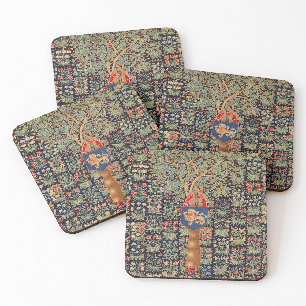 ANTIQUE MILLEFLEURS TAPESTRY,OAK TREE,ACORNS, LION HERALDIC SYMBOL,RED GREEN BLUE FLORAL Coasters (Set of 4)