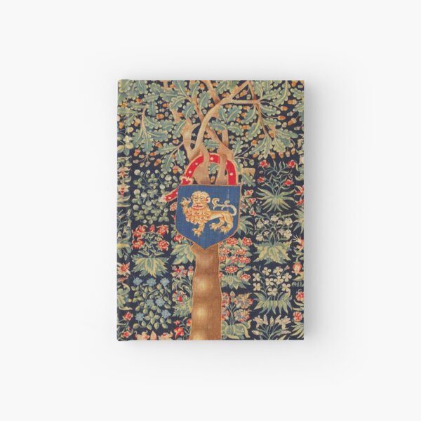 ANTIQUE MILLEFLEURS TAPESTRY,OAK TREE,ACORNS, LION HERALDIC SYMBOL,RED GREEN BLUE FLORAL Hardcover Journal