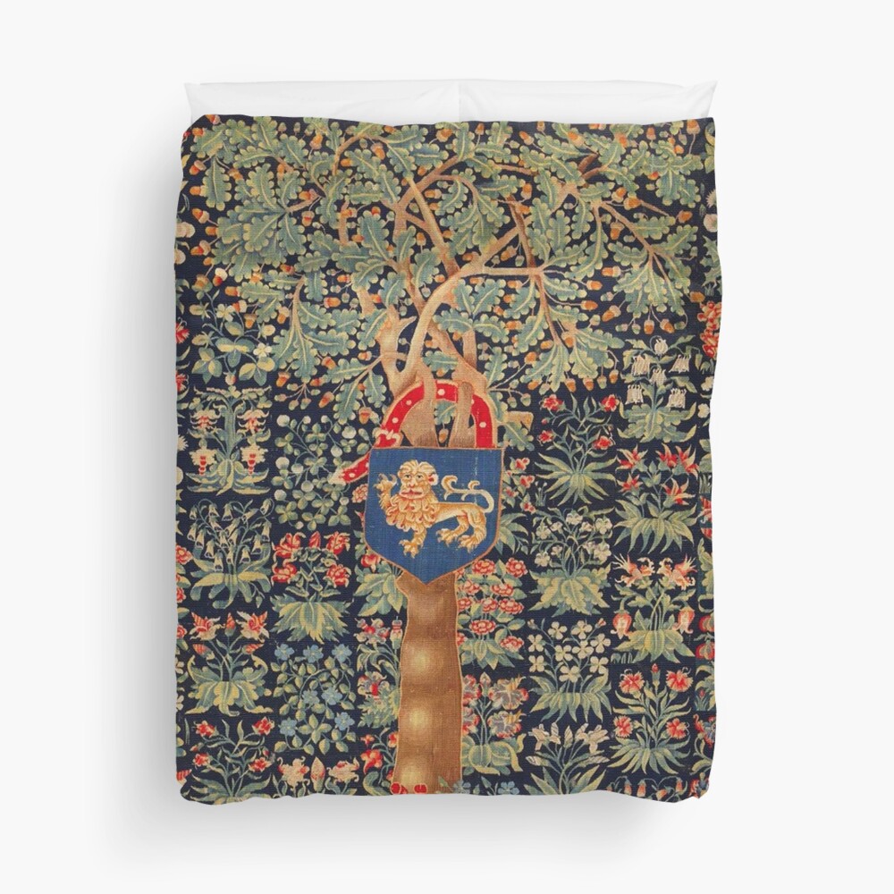 ANTIQUE MILLEFLEURS TAPESTRY,OAK TREE,ACORNS, LION HERALDIC SYMBOL,RED GREEN BLUE FLORAL Duvet Cover