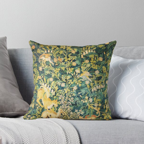 Item preview, ANIMAUX DE LA FORÊT, renard, lièvre et oiseaux, tapisserie florale verte et jaune designed and sold by BulganLumini.