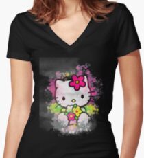 Camiseta entallada de cuello en V Camisa inspirada de Hello Kitty con arte de acuarela