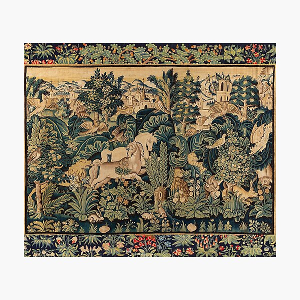 FANTASTIC ANIMALS AND HORSES IN WOODLAND Blue Green Ivory Antique French Tapestry Photographic Print