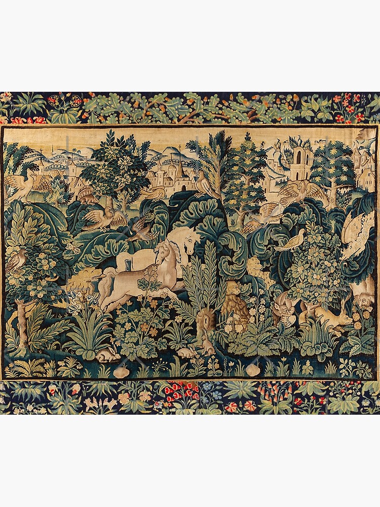 FANTASTIC ANIMALS AND HORSES IN WOODLAND Blue Green Ivory Antique French Tapestry by BulganLumini