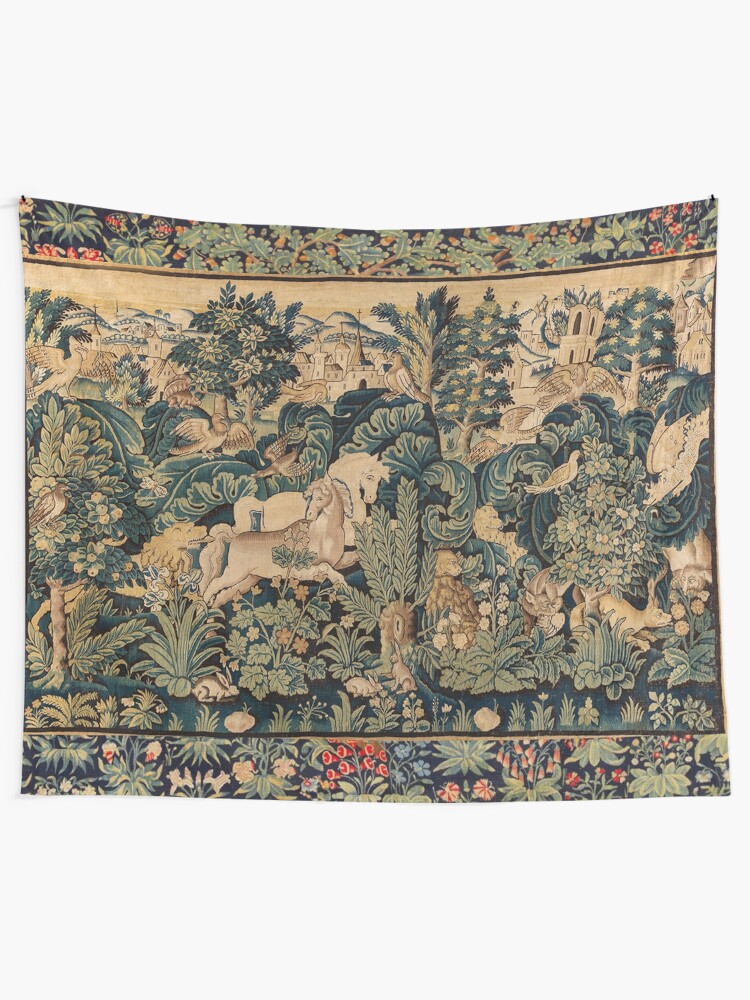 Alternate view of FANTASTIC ANIMALS AND HORSES IN WOODLAND Blue Green Ivory Antique French Tapestry Tapestry