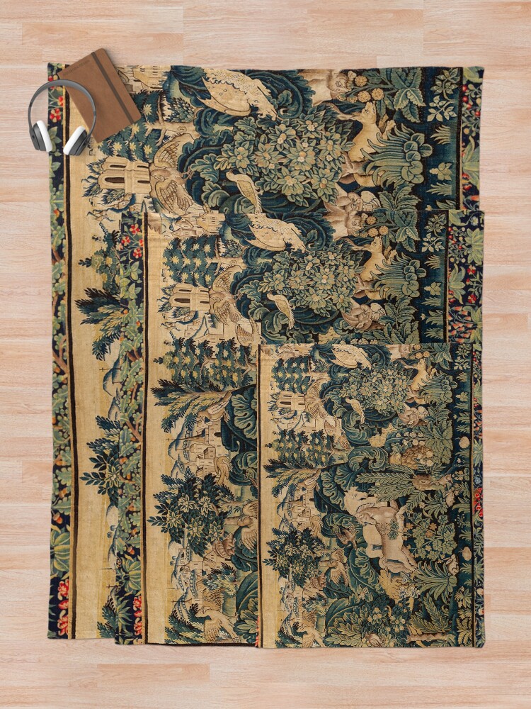 Alternate view of FANTASTIC ANIMALS AND HORSES IN WOODLAND Blue Green Ivory Antique French Tapestry Throw Blanket