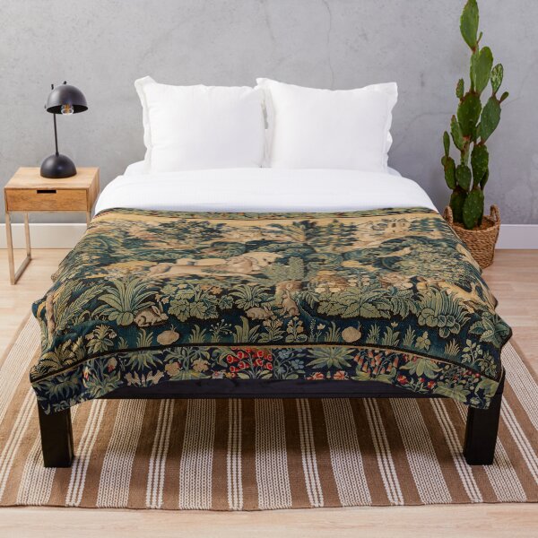 FANTASTIC ANIMALS AND HORSES IN WOODLAND Blue Green Ivory Antique French Tapestry Throw Blanket