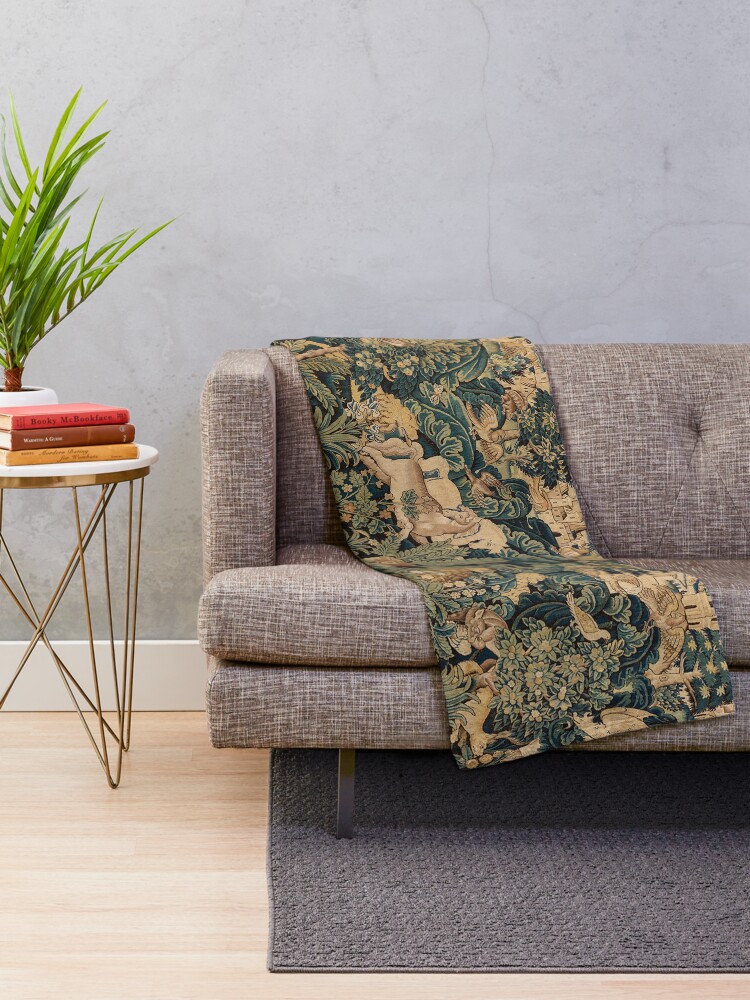 Alternate view of FANTASTIC ANIMALS AND HORSES IN WOODLAND Blue Green Ivory Antique French Tapestry Throw Blanket