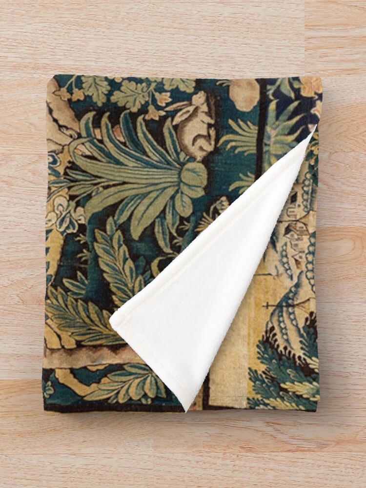 Alternate view of FANTASTIC ANIMALS AND HORSES IN WOODLAND Blue Green Ivory Antique French Tapestry Throw Blanket