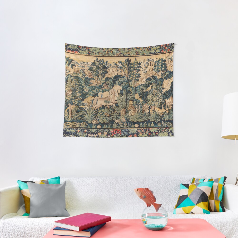 FANTASTIC ANIMALS AND HORSES IN WOODLAND Blue Green Ivory Antique French Tapestry Tapestry