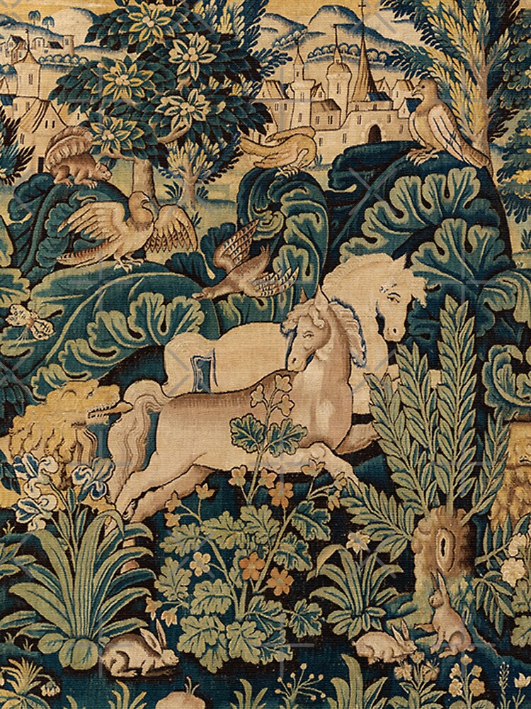FANTASTIC ANIMALS AND HORSES IN WOODLAND Blue Green Ivory Antique French Tapestry by BulganLumini