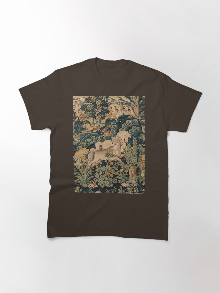 Alternate view of FANTASTIC ANIMALS AND HORSES IN WOODLAND Blue Green Ivory Antique French Tapestry Classic T-Shirt