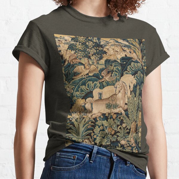 FANTASTIC ANIMALS AND HORSES IN WOODLAND Blue Green Ivory Antique French Tapestry Classic T-Shirt