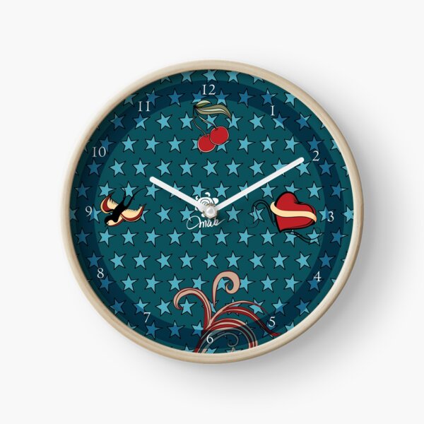 Cherry, Hearts, bird and stars on Rockabilly Tattoos Collection - Vintage blue Clock