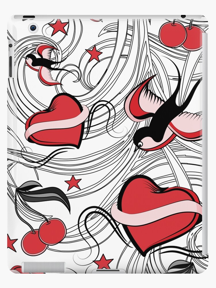 Cherry Hearts Bird And Stars On Rockabilly Tattoos Collection Red Black And White Ipad Case Skin By Mab2 Redbubble