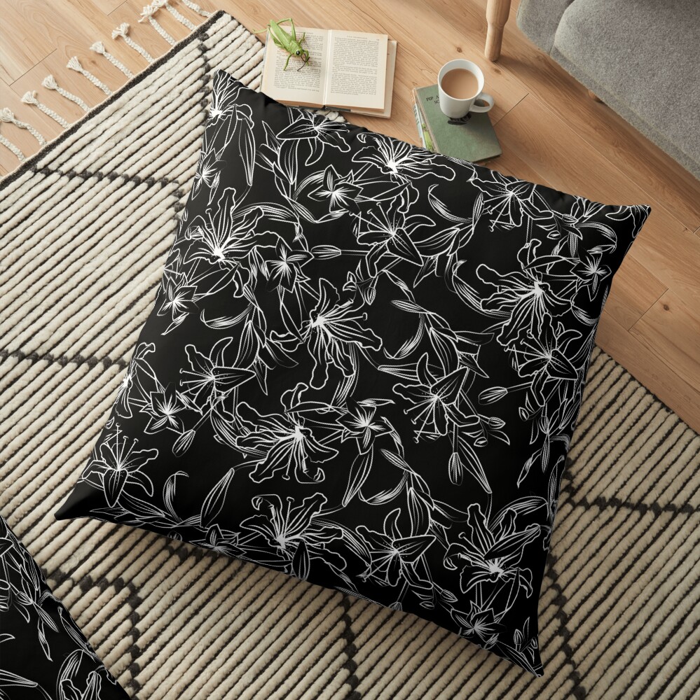 Lilies -White on Black Floor Pillow