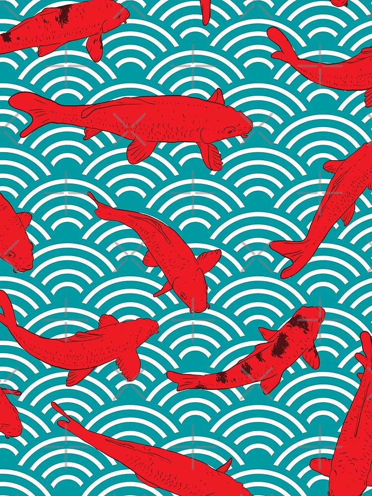 Koi carp. Red fish. black outline sketch doodle. azure teal