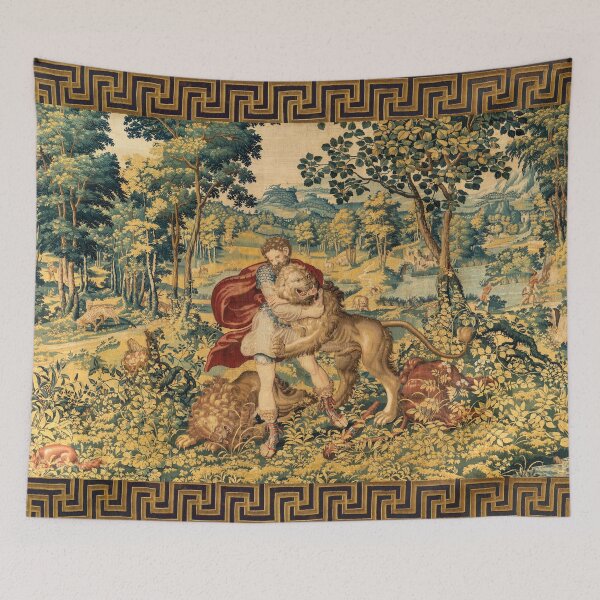 Item preview, HERCULES COMBATS WITH NEMEAN LION  AND FOX IN WOODLAND Antique Tapestry designed and sold by BulganLumini.