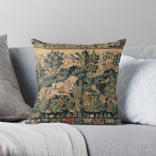 FANTASTIC ANIMALS AND HORSES IN WOODLAND Blue Green Ivory Antique French Tapestry Throw Pillow