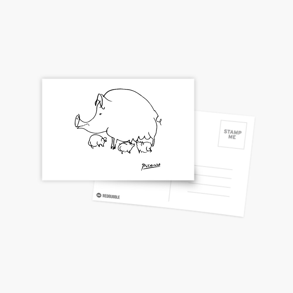 Pablo Picasso Pig Drawing, Lines Sketch, Animals Artowork, Men, Women, Kids, Tshirts, Posters, Prints, Bags Postcard