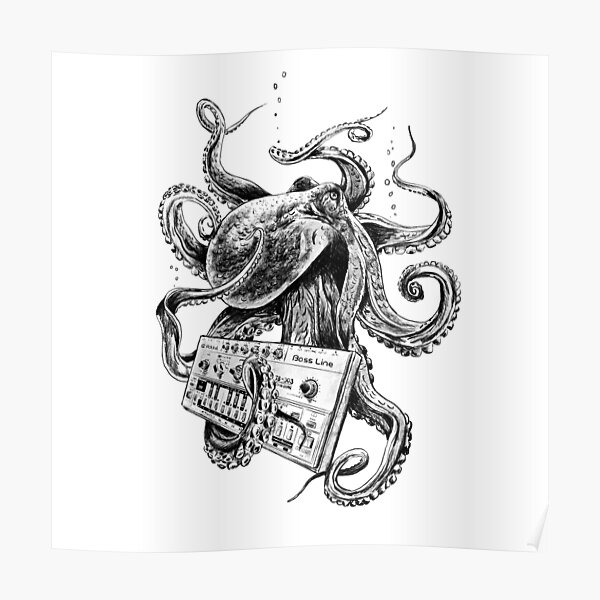 Kraken With Analog Synthesizer Poster