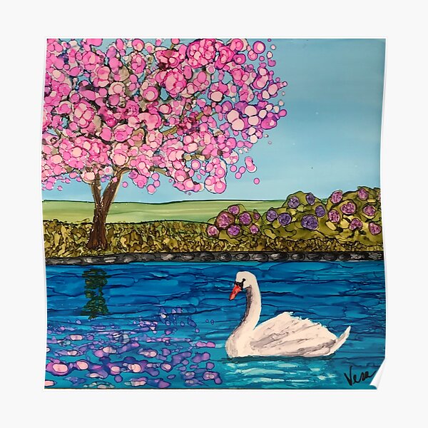 Swan Lake with Cherry Tree and Purple Hydrangea Bushes Poster