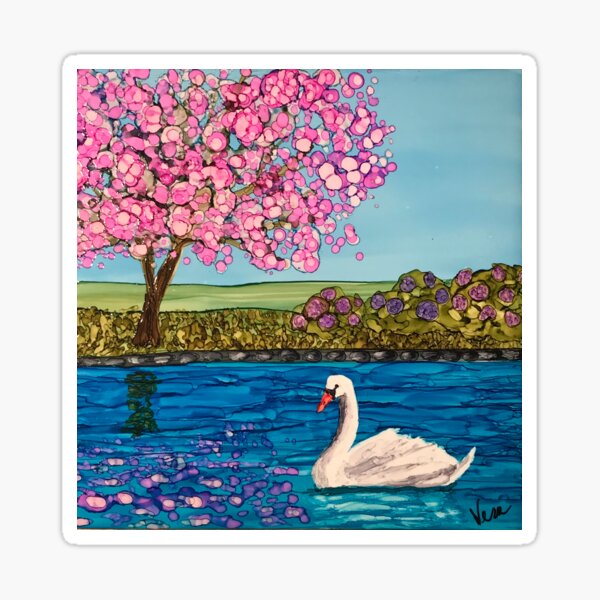 Swan Lake with Cherry Tree and Purple Hydrangea Bushes Sticker