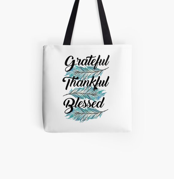 Grateful Thankful Blessed blue teal feathers All Over Print Tote Bag