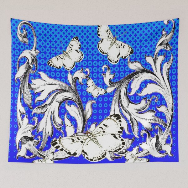 Item preview, WHITE BUTTERFLIES ON BAROQUE FLORAL BLUE PATTERN ART  designed and sold by sharlesart.